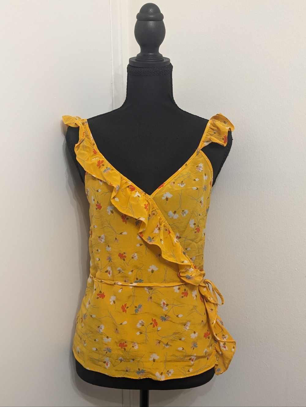 100% Silk Madewell Wrap Top | Boho Yellow Floral Top with Asymmetrical Ruffle